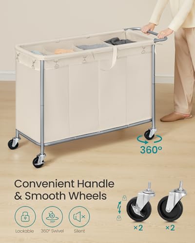SONGMICS Laundry Basket with Wheels, 4-Section Rolling Laundry Hamper, 68.6 Gallons (260 L), Removable Liner, Steel Frame with Handle, 43.3 x 15.4 x 31.9 Inches, Cream White URLS014W01 - color: Cream White, size: 260 L (4-Section)