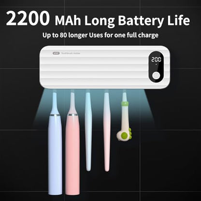 Toothbrush Sanitizer and Holders, UV Toothbrush Sanitizer Holder for Bathroom with 5 Slot, Timer Function, 2000mAh Rechargeable Toothbrush Cleaner Holder Wall Mounted Without Drilling