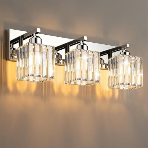 Brushed Chrome Crystal Bathroom Vanity Light, 3-Light Modern Bathroom Lighting Fixtures Over Mirror,Chrome Wall Sconce Light Fixtures with Square Shade - color: Chrome-Square Shade, size: 3-LIGHT