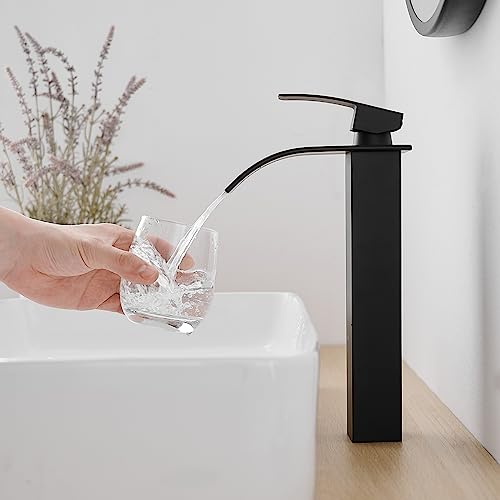 RUMOSE Tall Bathroom Faucet Vessel Sink Faucet with Drain, Matte Black | Modern Single Handle One Hole Bathroom Faucet Waterfall Rv Lavatory Vanity Faucet Mixer Tap, Pop Up Drain, Stainless Steel - color: Matte Black