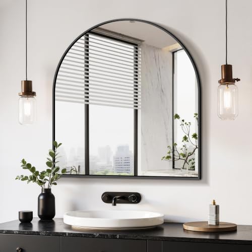 Arched Bathroom Mirror, Black, 32"x30" | Wall Mounted, Vanity Mirror, For Bedroom, Living Room and Entryway - color: Black, size: 32"L x 30"W