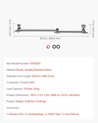 VEVOR Shower Head Extension Arm, 16 inches, Brass Shower Arm Extender with Flexible Adjustable Angle Height, Chrome Finish, G1/2 Universal Thread Connector Compatible, for Rain & Handheld Showerhead - size: 16''