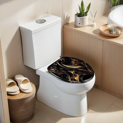 Elongated Toilet Seat Abstract marble fluid art painting alcohol ink style a black gold Resin Toilet Seat Slow Quiet Close with Quick-Release Hinges Toilet Seat with Cover Easy to Clean Install