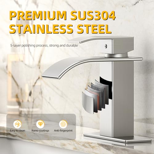 Waterfall Bathroom Faucet,Brushed Nickel Stainless Steel, 1-Handle | Modern Bathroom Sink Faucet for RV & Outdoor Basins, Pop-Up Drain, Supply Lines, 6-in Deck Plate, 1- or 3-Hole, NSF Certified - color: Brushed Nickel