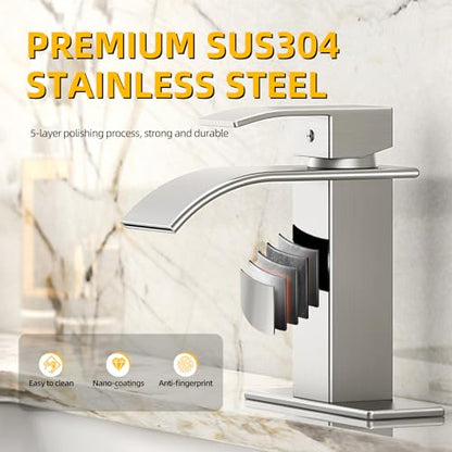 Waterfall Bathroom Faucet,Brushed Nickel Stainless Steel, 1-Handle | Modern Bathroom Sink Faucet for RV & Outdoor Basins, Pop-Up Drain, Supply Lines, 6-in Deck Plate, 1- or 3-Hole, NSF Certified - color: Brushed Nickel