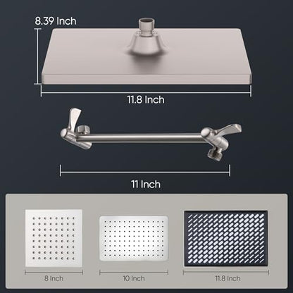 Cobbe Rainfall Shower Head for Bathroom, 11.8 Inch Large Rectangular with Adjustable Stainless Steel 11 Inch Extension Arm - Premium Quality Luxury Experience, No Tools Installation, Brushed Nickel - color: Brushed Nickel