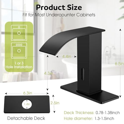 Automatic Motion Sensor Faucet with Waterfall Spout,Stainless Steel Sink Faucet with Hole Cover Plate (Regular, Black) - color: Black, size: Regular Waterfall