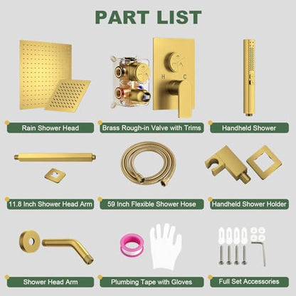 Gold Shower Faucet Set, Home Shower System with 3-Setting Push Button Diverter, 12" Ceiling Rain Shower Head & 6" Wall Mount Shower Head, 2-in-1 Handheld, Shower Valve Trim Kit - color: Brushed Gold