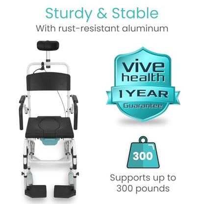 Vive Reclining Shower Chair with Wheels - Commode Wheelchair for Seniors, Disabled & Handicap - Padded Transfer Rolling Chairs w/Arms - Portable, Waterproof Shower Chair - Reclines for Easy Hair Wash | Disabled & Handicap - Padded Transfer Rolling Chairs