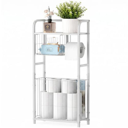 Freestanding Toilet Paper Holder Stand with Storage forSmall Bathroom Space | Holds 9 Spare Rolls, Phone, Wipes & Magazines –Large Capacity Toilet Paper Stand – Toilet Roll Dispenser and Organizer - color: White