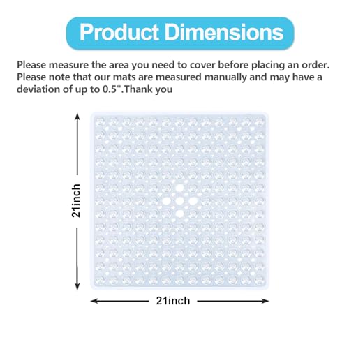 21 x 21 Inch Shower Stall Mat Non Slip, Square Bath Mat for Stand Up Showers with Suction Cups and Drainage Holes, Machine Washable, Clear