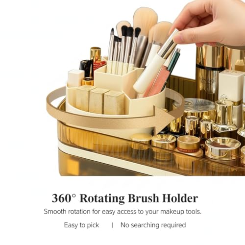 Makeup Organizer Countertop with Dual Drawers | Plastic, Vanity Bathroom Desk, 360° Rotating, Easy Clean, Cosmetic Skincare - color: brown