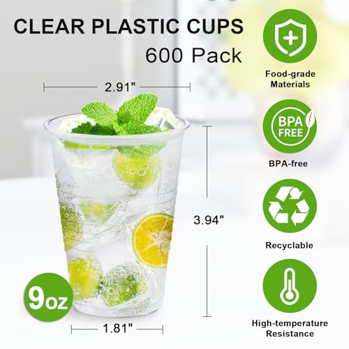 SIUQ 600 Pack 9 oz Plastic Cups, Clear Disposable Plastic Water Cups Bulk | Hot/Cold Party Drinking Cups for Picnic, BBQ, Wedding, Travel, Thanksgiving, Christmas, Gathering, Events & Commercial Use - style: 9 oz-600pack