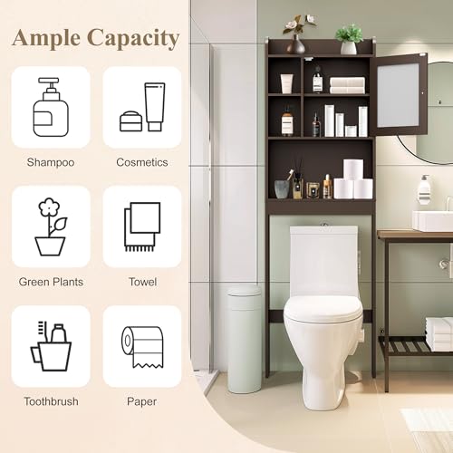 ZENY Over The Toilet Storage Cabinet, Bathroom Organizer with Adjustable Shelf and Double Doors, Freestanding Bathroom Space Saver Toilet Rack (Brown) - color: Brown