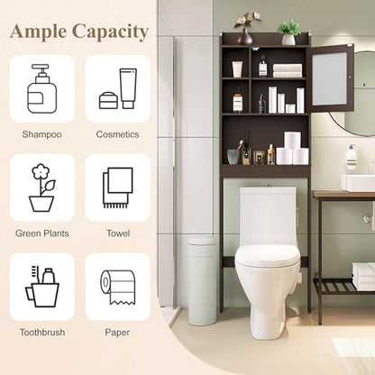 ZENY Over The Toilet Storage Cabinet, Bathroom Organizer with Adjustable Shelf and Double Doors, Freestanding Bathroom Space Saver Toilet Rack (Brown) - color: Brown