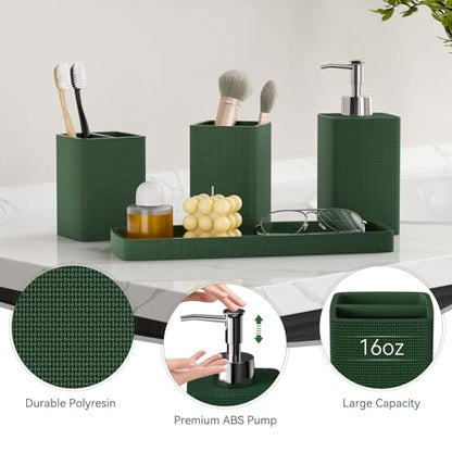 Green Bathroom Set, Dark Green Bathroom Accessories Set with Shower Curtain and Rugs, Bath Towel Sets, Natural Loofah Sponge, Soap Dispenser, Toothbrush Holder, Bathroom Tumbler and Tray for Bathroom - size: Bath Set+Shower Curtain+Rugs+Towel Set+2PCS Loo