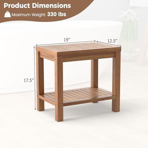 Giantex Teak Shower Bench with Shelf, 19 Inch Shower Stool with Slatted Seat for Elderly Seniors, Waterproof Bathroom Spa Bathing Seat Foot Rest Entryway Bench for Indoor and Outdoor Use - size: 19" x 12.5" x 18"