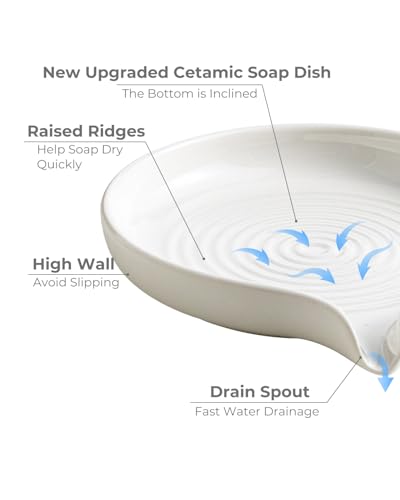 Zoeeker Self Draining Soap Dish, Ceramic Drain Soap Holder Waterfall Design | Bar Soap Dish with Drainage Round Kitchen Soap Saver for Shower, Bathroom, Sink, Kitchen and Countertop, Keeps Dry, White - color: White, size: Round