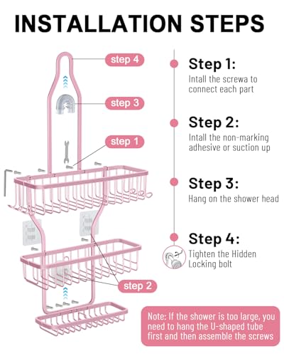 Pink Shower Caddy for Bathroom - Never Rust Hanging Shower Organizer with Soap Basket and Hooks - Large Capacity 3 Tier Aluminum Over The Showerhead Caddy - color: Pink
