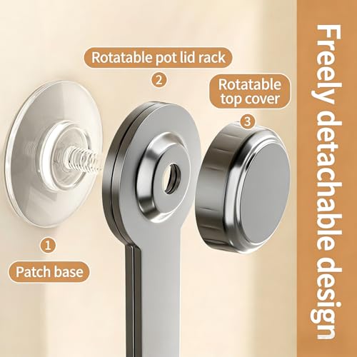 2PCS Suction Cup Pot Lid Holder, No Drill Wall Mount Pot Lid Organizer Rack with Adjustable Hooks, Heavy Duty Adhesive Pot Lid Hanger for Kitchen, Bathroom, Cabinet, Tile, Glass, Waterproof & Reusable