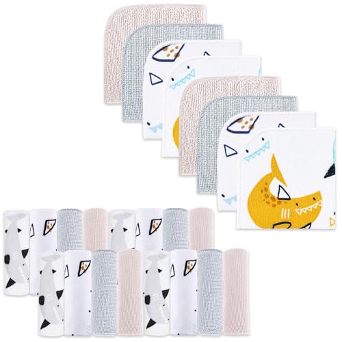 Baby Washcloths, 24Pack Baby Wash Cloths Extra Soft & Ultra Absorbent, Baby Towels and Washcloths Face Towels for Unisex Boys Girls Body, Washclothes Gentle on Sensitive Skin, 9x9 Shark - color: Shark