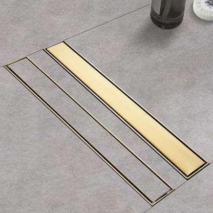 Linear Shower Drain ，with Tile Insert Panels ，28 Inch Brushed Gold 304 Stainless Steel Rectangle Shower Floor Drain，with Hair Catcher, Adjustable Feet - color: Brushed Gold, size: 28inch