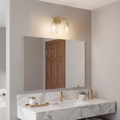 Kichler Meller 2-Light Bathroom Vanity Light Fixture with Clear Glass Shades, Industrial Wall Sconce in Champagne Bronze for Bathroom Mirror (11.25" x 5.5" x 7"), 55101CPZ - color: Champagne Bronze, style: Industrial