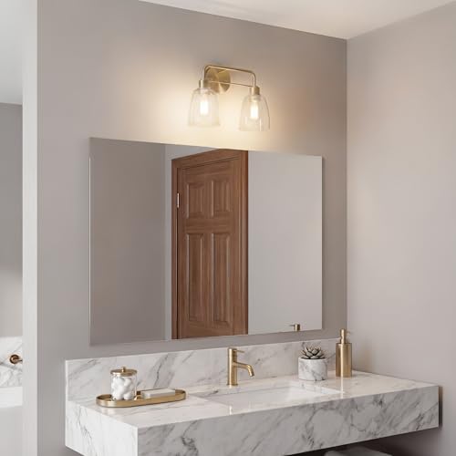 Kichler Meller 2-Light Bathroom Vanity Light Fixture with Clear Glass Shades, Industrial Wall Sconce in Champagne Bronze for Bathroom Mirror (11.25" x 5.5" x 7"), 55101CPZ - color: Champagne Bronze, style: Industrial