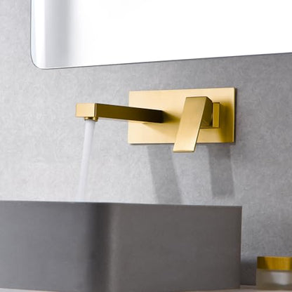 SUMERAIN Brushed Gold Wall Mount Bathroom Faucet Single Handle Vessel Sink Faucet Includes Brass Rough-in Valve - color: Brushed Gold, size: Right-Handed