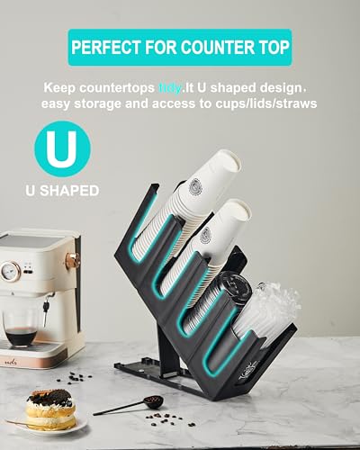 Cup Holder Lid Dispenser with Straw Organizer,Disposable Coffee Cup Dispenser,Cup Storage Organizer for Breakroom Countertop Coffee Station Bar Restaurant