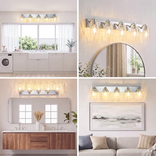 5-Light Bathroom Light Fixtures Modern Chrome Vanity Lights | Easy to Install Clear Hammered Glass Shades, Rippled Glow, Wall Mount Up or Down, E26 Socket, Hardwired, 120V - color: Chrome Hammer, size: 5 Lights
