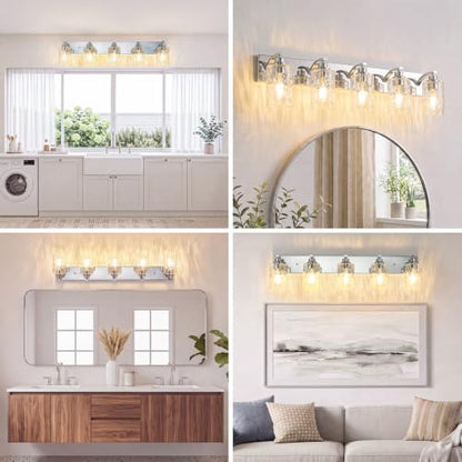 5-Light Bathroom Light Fixtures Modern Chrome Vanity Lights | Easy to Install Clear Hammered Glass Shades, Rippled Glow, Wall Mount Up or Down, E26 Socket, Hardwired, 120V - color: Chrome Hammer, size: 5 Lights