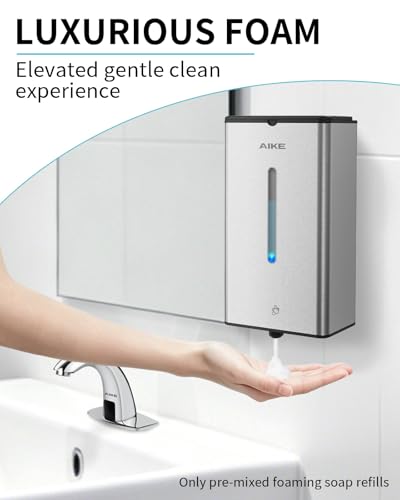 AIKE Automatic Foaming Soap Dispenser 33.8oz for Bathroom,Brushed AK1207FA | Rich Foam and Steel Finish,5-Level Adjustable and Key for Commercial(Battery Not Included),Screw Wall Mount for Space-Saving - color: Brushed Stainless Steel