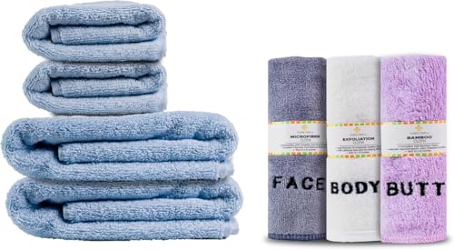 Crafty Cloth 10-Piece 4-Texture Towel Set for Complete Body Care, Embroidered | Luxurious Skin Care Towels for Cleaning, Exfoliating, and Drying – Blue, White, Gray, Purple - color: Blue/Gray/White, style: Embroidered