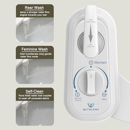 Left Hand Bidet Attachment for Toilet - Control Panel on Left Side - Self-Cleaning Dual Nozzle for Front and Rear Wash,Non-Electric Adjustable Water Pressure, Water Bidet Toilet Seat Attachment - color: White handle