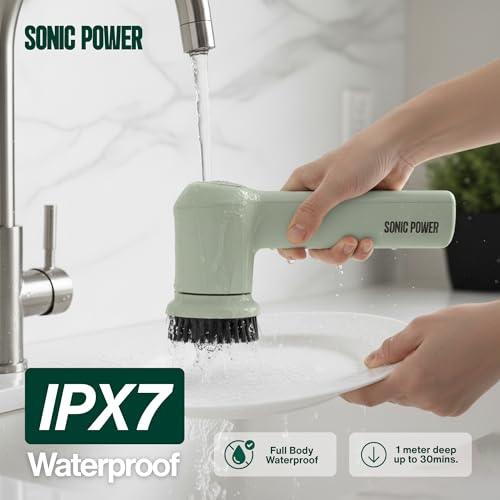 SonicPower Electric Spin Scrubber – Handheld & Ergonomic, IPX7 Waterproof, 4 Multi-Purpose Brush Heads, Long-Lasting Rechargeable Battery – Cleans Dishes, Bathroom, Tile, Grout & Kitchen (Sage) - color: Sage