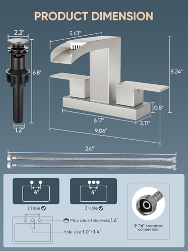 Cobbe Waterfall Bathroom Faucets 3 Hole, Brushed Nickel Bathroom Sink Faucet Square 4 Inch Centerset with Pop-Up Drain, 2 Handle and 2 Supply Hoses, Lead-Free Stainless Steel for Vanity Sink Rv - color: Brushed Nickel, size: 4 Inch Centerset