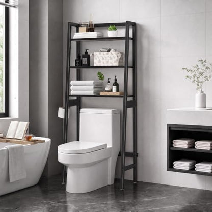 MallKing Over-The-Toilet Storage Rack, Wooden 3-Tier Over-The-Toilet Storage Rack Bathroom Space Saver Organizer, Freestanding Above Toilet with Toilet Paper Holder and Hooks (Black)