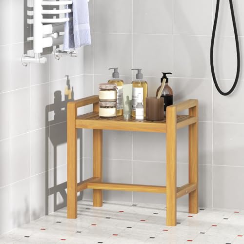 Giantex Teak Wood Shower Bench - 20" Waterproof Shower Stool with Handles and Slatted Seat for Inside Shower, Shaving Legs, Bath Tub Shower Seat, Bathroom Stool for Elderly Seniors