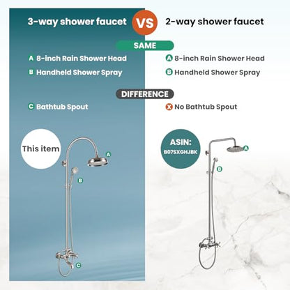 gotonovo Exposed Shower Faucet Set with Tub Spout Brushed Nickel | Brass Bathroom Shower System,8 Inch Rainfall Head with Handheld Spray and Tub Filler,Adjustable Height,6’’ Hole Distance - color: Nickel