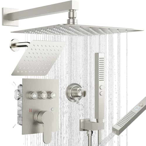 Shower Faucet Set, Wall Mount 12" Rain Shower System with Handheld and 6" Rainfall Shower Head, Can Use 2 Modes Together for Two People, 3 Way Shower Valve with 5 Diverter Complete,Brushed Nickel - color: Brushed Nickel, size: 6+12 inch-09