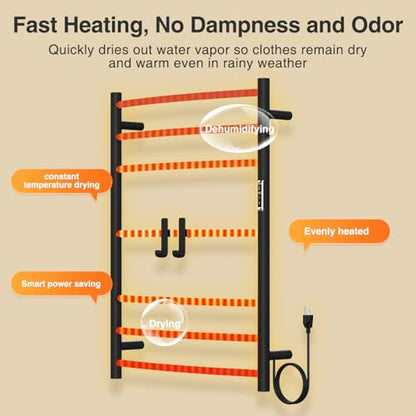 Electric Towel Warmer,8-Hour Timer and Multi-Stage Temperature Adjustment Wall Mounted Towel Rack,Plug-in/Hardwired Stainless Steel Heated Towel bar with 2 Hooks Bathroom SPA(Black, 7-Bar)