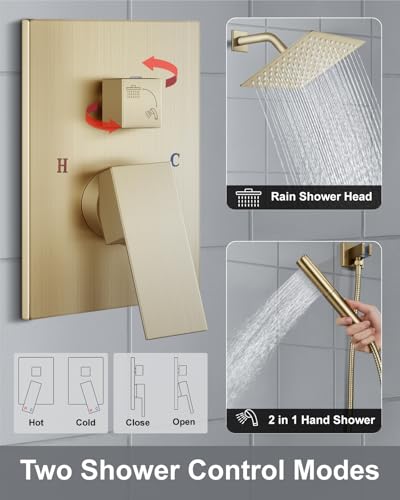 Aolemi Shower System with Rain Head and Handheld,8-Inch,Brushed Gold | High-Pressure Shower Faucet Set with Dual-Function Handheld,Rough-In Valve,1.8 GPM,Wall-Mount Trim Kit - color: Brushed Gold, size: 8 Inch