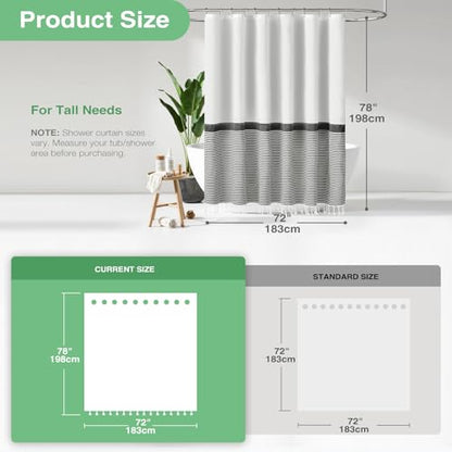 Modern Farmhouse Fabric Shower Curtain,78 Inch Long Boho Black and White Striped Cloth Bathroom Shower Curtain with Tassels, Hotel Luxury Shower Curtain Set with 12 Hooks, 72x78 - color: Black, size: 72"W x 78"L (Pack of 1)