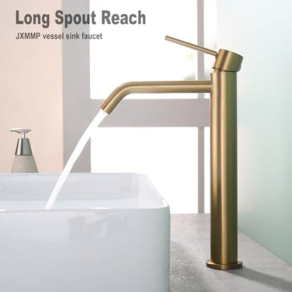 Brushed Brass Vessel Sink Faucet with Pop Up Drain and Supply Lines, Stainless Steel Brass Tall Bathroom Faucet Single Hole, JXMMP Gold Bathroom Faucet for Bowl Sink 1 Hole, JXM1001BTG - color: Brushed Brass, size: Tall Faucet