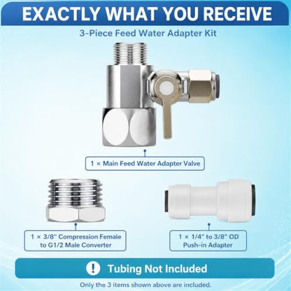 Jingzan Feed Water Adapter Kit, G1/2 Female x 3/8" Compression Male x 1/4" Push-to-Connect, with 3/8" Compression Female to G1/2 Male and 1/4" to 3/8" OD Tube Adapter, for RO, Refrigerator, Ice Maker