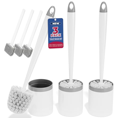 Holaloha Toilet Brush and Holder Set, Compact Design, 3 Pack, White | Bathroom Accessories, Ergonomic Handle, Space Saving, Dense Bristles, Deep Cleaning, Scrubber, with 3 Groove Gap Brushes