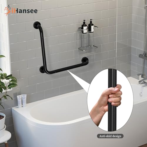 Black Angled Grab Bar 16x16 Inch, Stainless Steel Bathroom Grab Bar w/Anti-Slip Knurled Grip, Wall Mounted Bathtub Toilet Safety Handrail for Elderly Senior, L-Shaped Grab Bar for Shower | Black Bathroom Grab Bar for Senior Elderly, Stainless Steel Handic