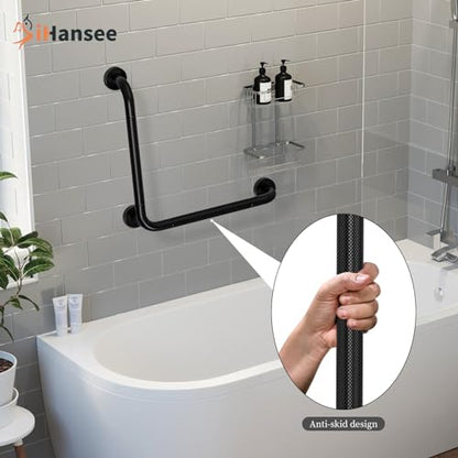 Black Angled Grab Bar 16x16 Inch, Stainless Steel Bathroom Grab Bar w/Anti-Slip Knurled Grip, Wall Mounted Bathtub Toilet Safety Handrail for Elderly Senior, L-Shaped Grab Bar for Shower | Black Bathroom Grab Bar for Senior Elderly, Stainless Steel Handic