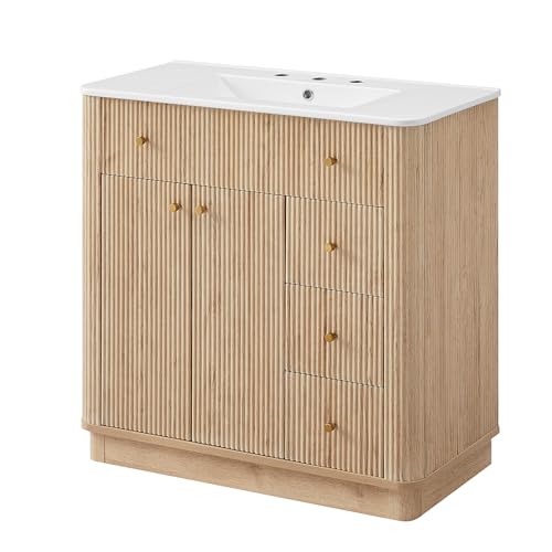 T4TREAM 72" Fluted Bathroom Vanity with 2 Single Sinks, Natural Oak | Integrated Ceramic Sink, Large Storage Cabinet, Adjustable Shelf, 3 Drawers, Three pre-drilled faucet holes, Mid-Century - color: Natural Oak, size: 72" (2 Single Sinks)